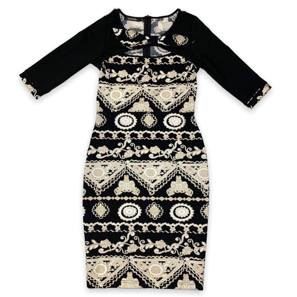 ROBERTO CAVALLI Sz 4 Bodycon Dress Black Gold Cream Printed Cut Out Detail Bow